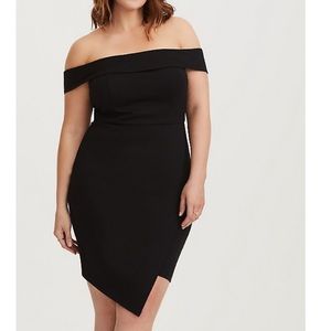 BLACK OFF SHOULDER PONTE MINI DRESS
